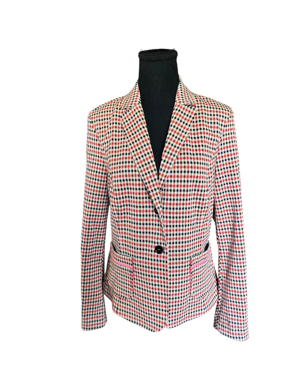 Marc Cain Designer Plaid Knit Blazer Pink Trim Preppy Old Money Jacket Size 8